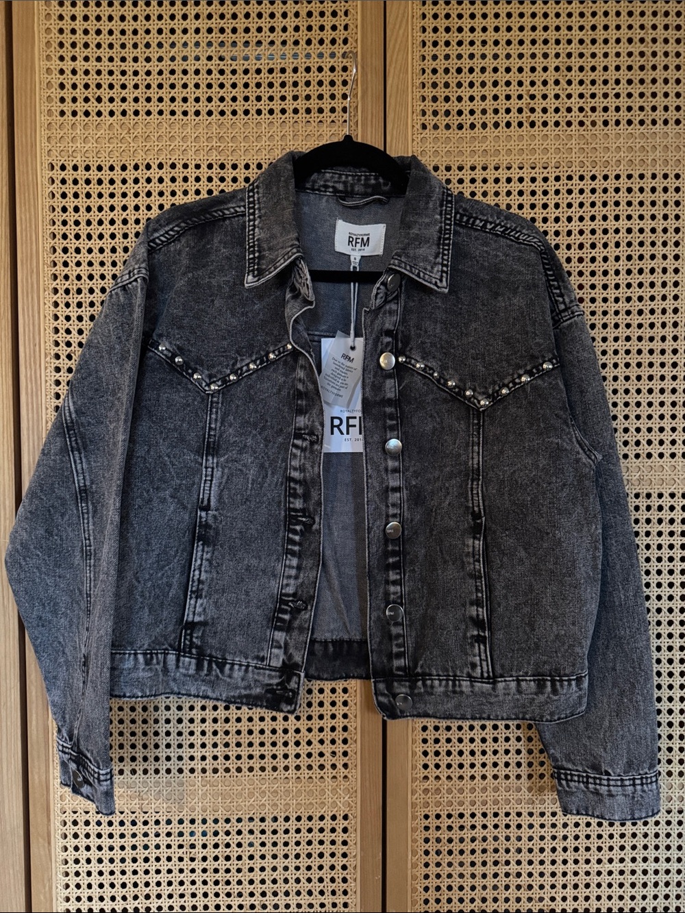 Royalty For Me Black Stonewashed Denim Jacket with Studs